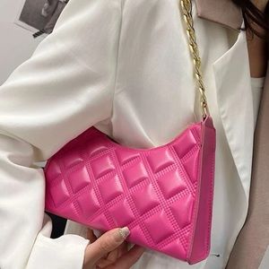 Quilted gold chain vegan leather baguette shoulder bag hot pink